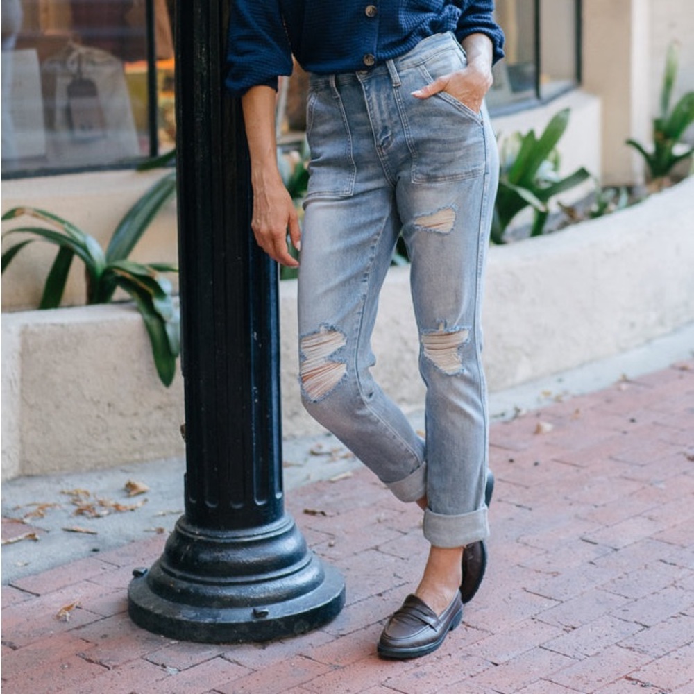Judy Blue Brittany High Rise Patch Pocket & Ripped‎ Boyfriend Jeans Womens 7/28